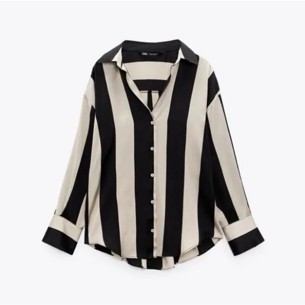 Zara Black and Cream Striped Button Down Satin Shirt